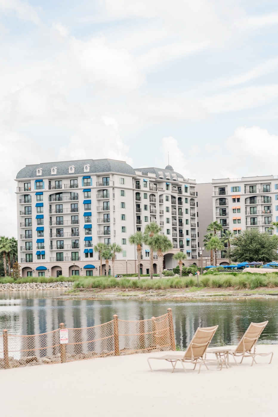 Riviera Resort across the lake with beach loungers